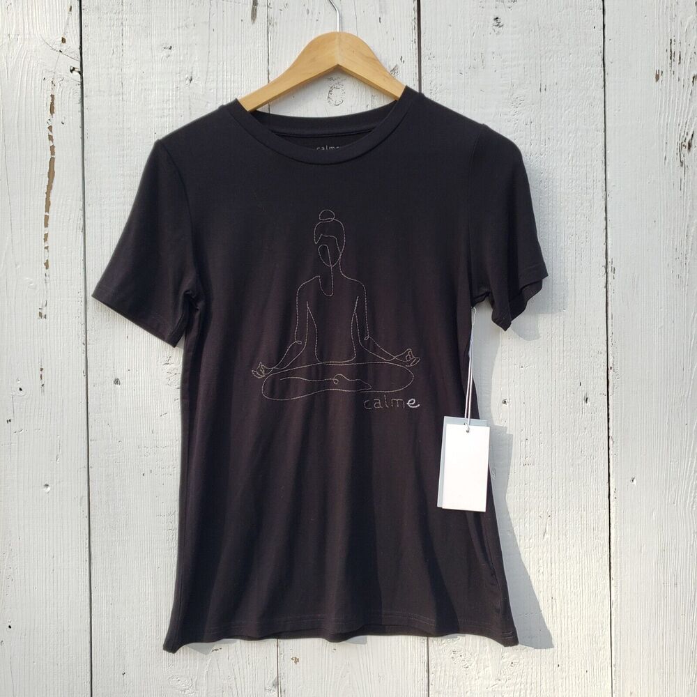 Calme By Johnny Was Women's Black Embroidered Padmasana Flowy Yoga Tee Sz XS - Picture 2 of 7